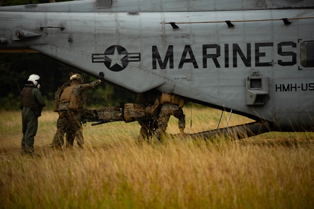 3d Transportation Battalion conducts simulated casualty evacuation drills with Marine Heavy Helicopter Squadron 465