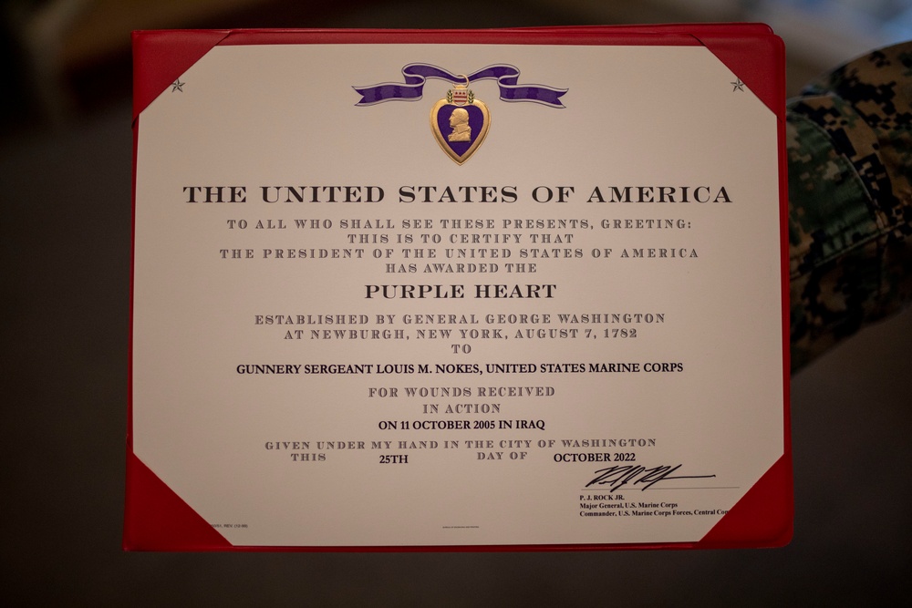 Gunnery Sgt. Louis Nokes awarded the Purple Heart