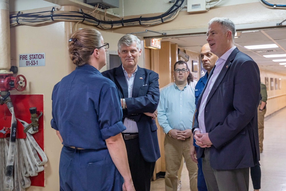 Daniel P. Erikson, deputy assistant, Secretary of Defense for the Western Hemisphere and Ambassador Eric W. Stromayer take a tour of USNS Comfort during Continuing Promise 2022, in Jeremie, Haiti