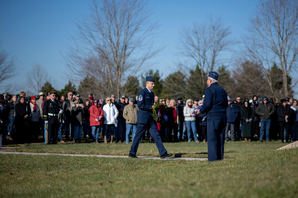 Air Force Mortuary Affairs Operations first sergeant, lays wreath at Wreaths Across America ceremony