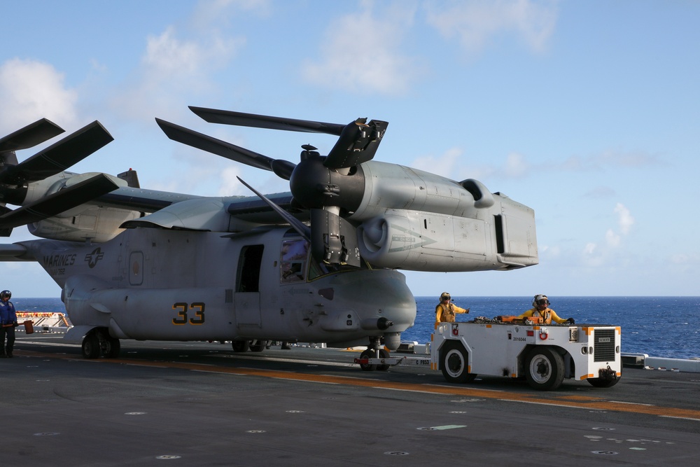 U.S Navy Sailors ground guide MV-22B Osprey