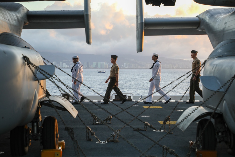 U.S. Marines and Sailors man the rail ceremony