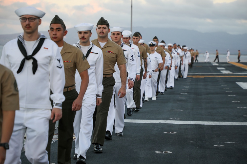 U.S. Marines and Sailors man the rail ceremony