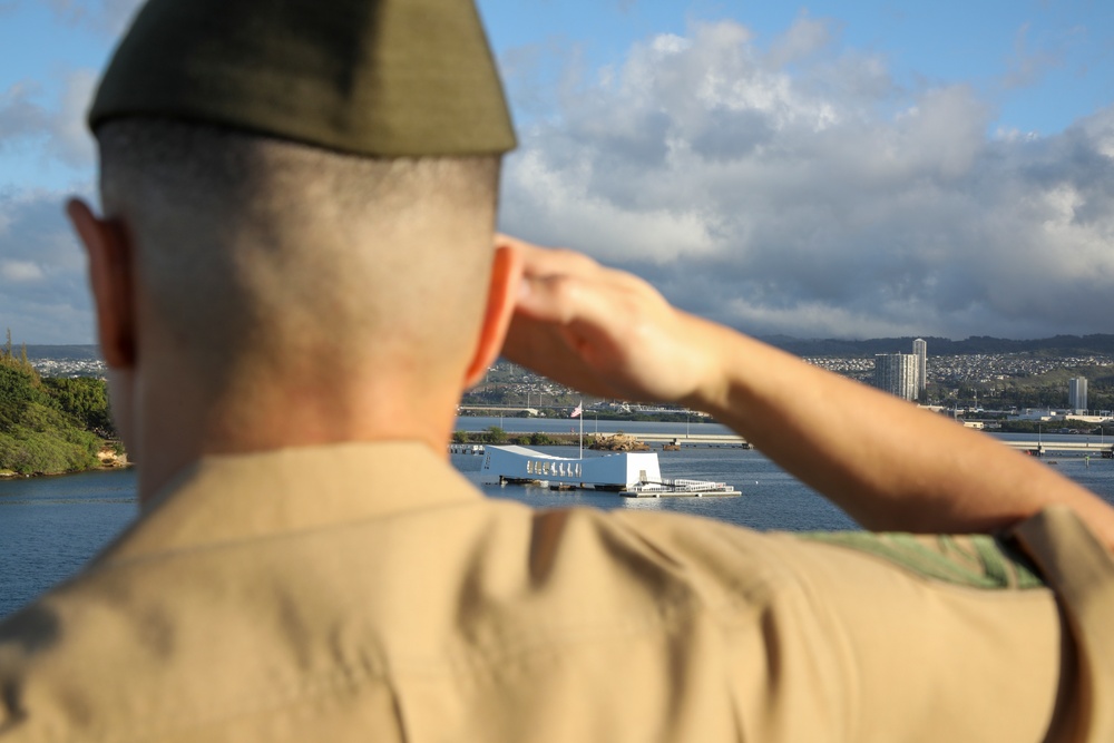 U.S. Marines and Sailors man the rail ceremony