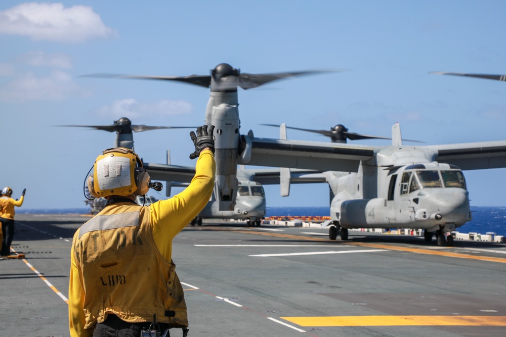 U.S. Marine Corps MV-22B Ospreys launch from USS Makin Island