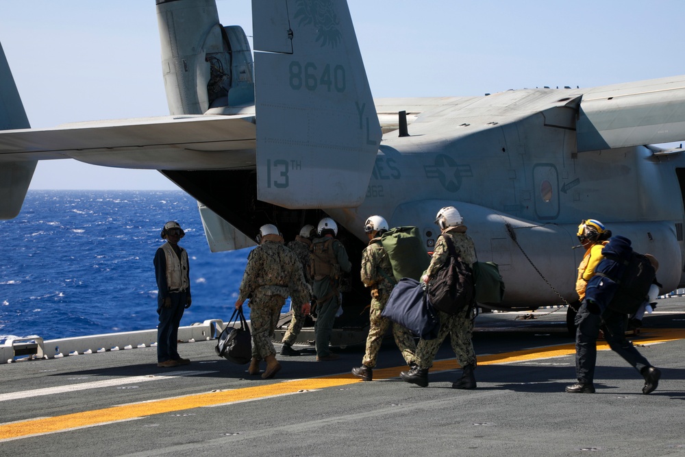 U.S. Marine Corps MV-22B Ospreys launch from USS Makin Island