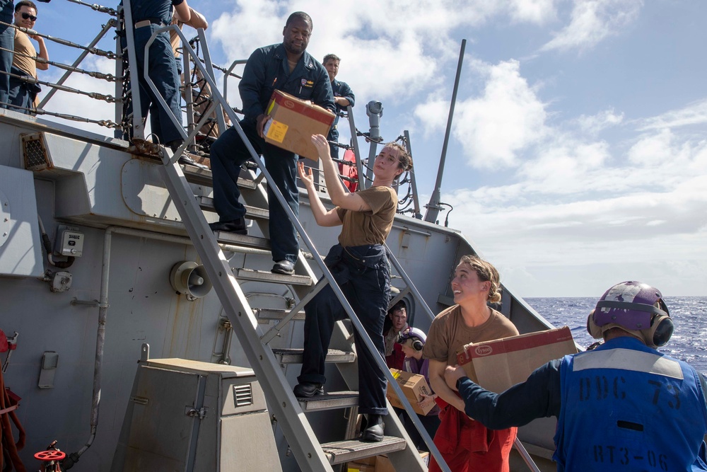 Decatur replenishment-at-sea with USNS Washington Chambers
