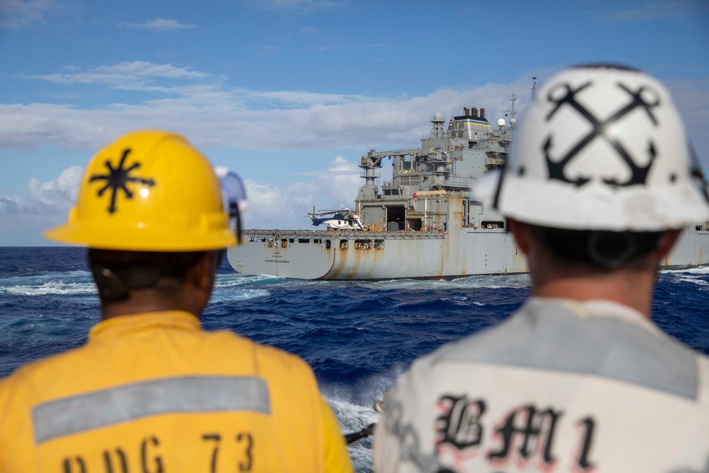 Decatur replenishment-at-sea with USNS Washington Chambers
