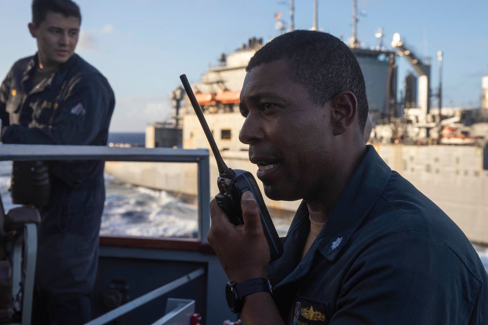 Decatur replenishment-at-sea with USNS Washington Chambers