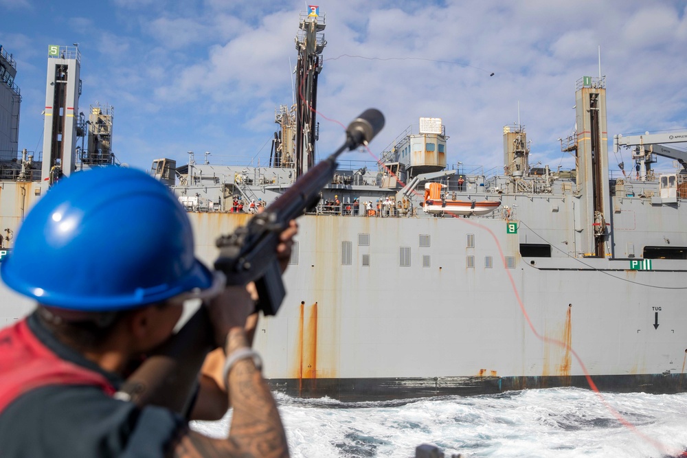 Decatur replenishment-at-sea with USNS Washington Chambers