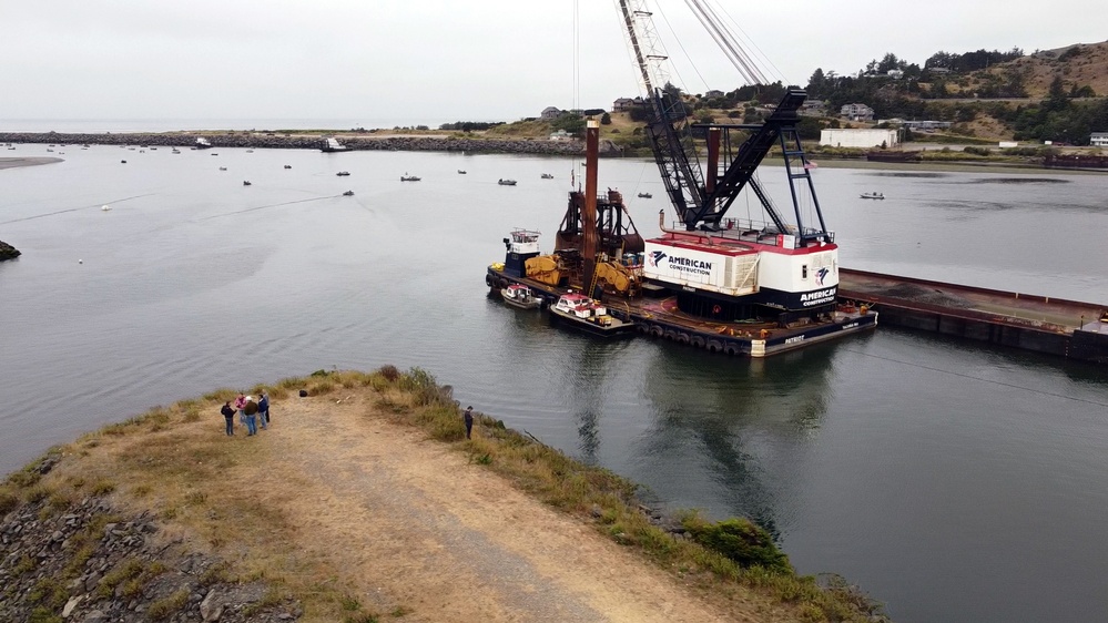 Areal image of Clamshell Dredge at the mouth of the Rouge River in Gold Beach, Ore.