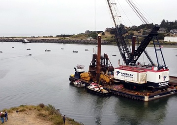 Areal image of Clamshell Dredge at the mouth of the Rouge River in Gold Beach, Ore.