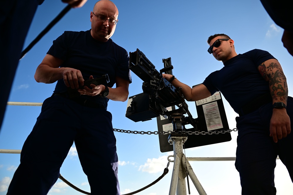 USCGC Spencer's (WMEC 905) crew conducts .50 caliber familiarization at sea