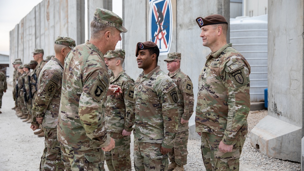 U.S. Army Chief of Staff, Gen. James C. McConville and Sergeant Major of the Army Michael A. Grinston visits a military base in Iraq