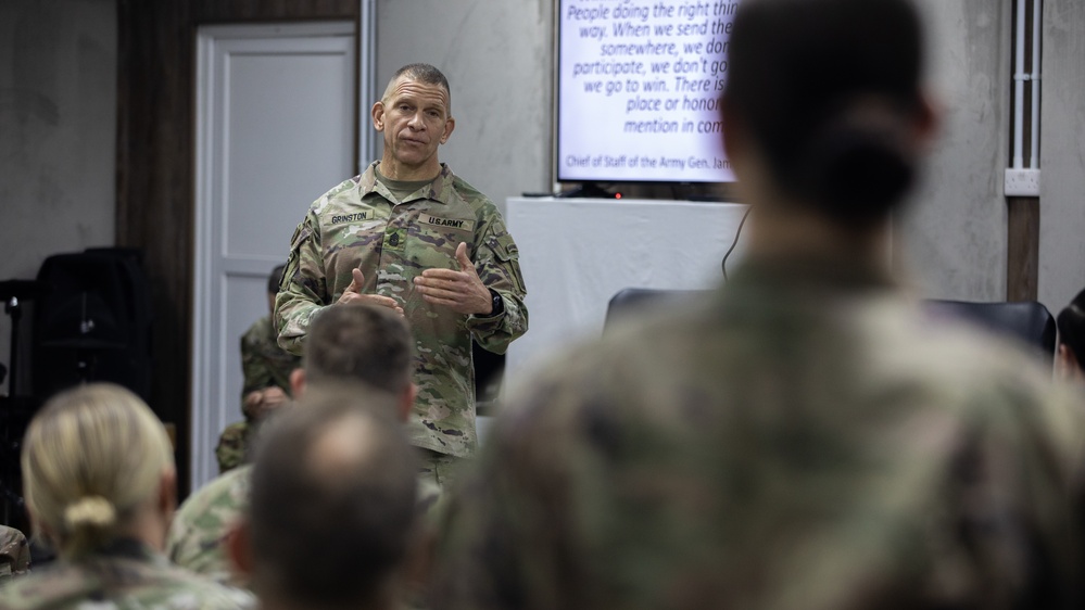 U.S. Army Chief of Staff, Gen. James C. McConville and Sergeant Major of the Army Michael A. Grinston visits a military base in Iraq