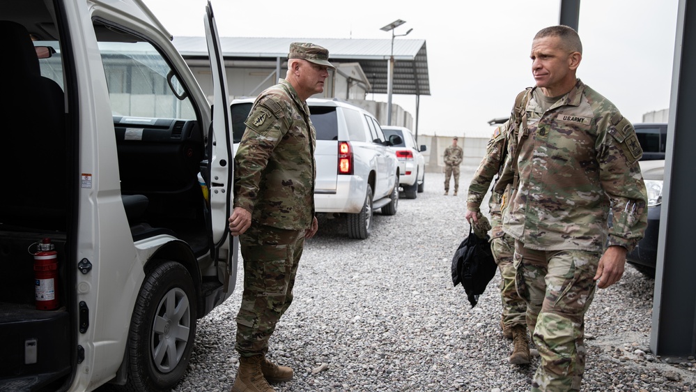 U.S. Army Chief of Staff, Gen. James C. McConville and Sergeant Major of the Army Michael A. Grinston visits a military base in Iraq