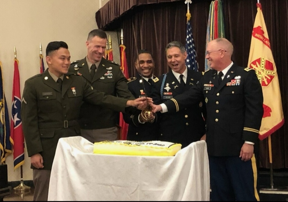 JTF-NCR/MDW Commander Maj. Gen. Allan Pepin, Fort Meade Garrison Commander Col. Christopher Nyland and Garrison Command Sgt. Maj. Andre Welch cut a birthday cake on June 14, 2022