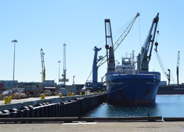 Naval Base Ventura County port operations team loads Motor Vessel Ocean Giant with materials prepared by NAVSUP FLC San Diego.