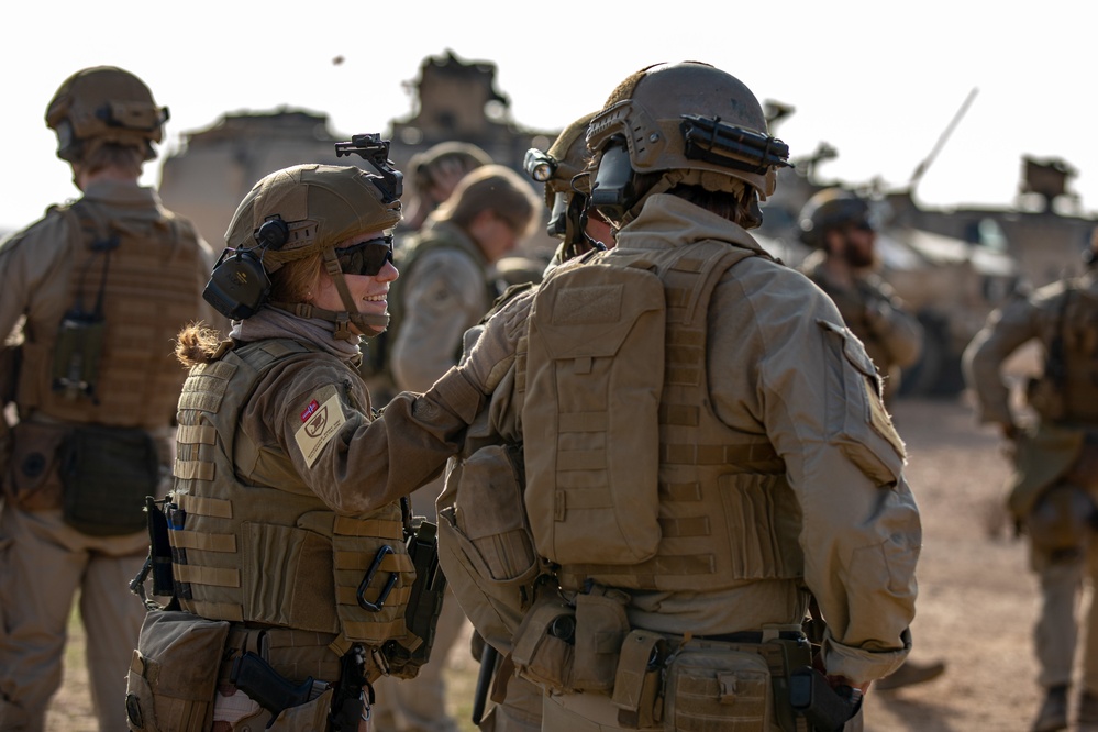 Norwegian Soldiers assigned to Telemark Mechanized Infantry Battalion, Task Force Viking, Combined Joint Task Force - Operation Inherent Resolve, conduct operational rehearsal exercises