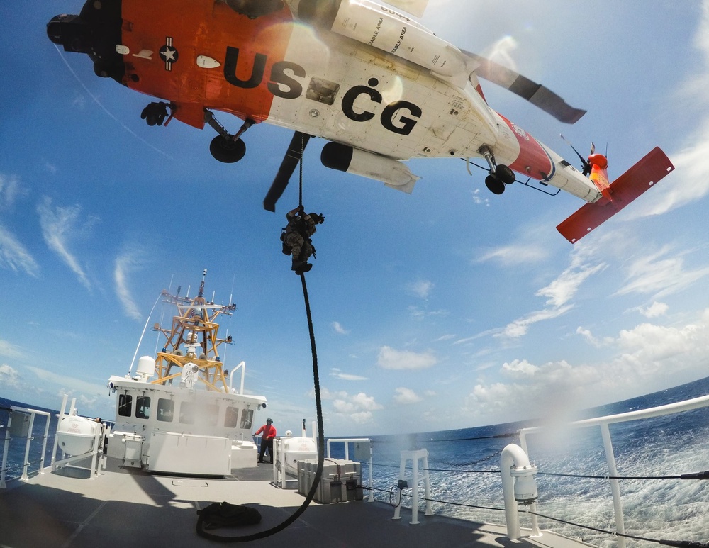 Coast Guard air and surface assets conduct a vertical insertion evolution