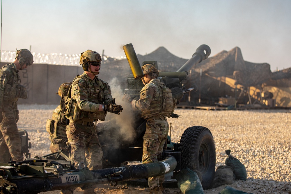 Bravo Battery, 1st Battalion, 134th Field Artillery Regiment, 37th Infantry Brigade Combat Team, Ohio Army National Guard Conduct an operational rehearsal exercise of the M119 Howitzer