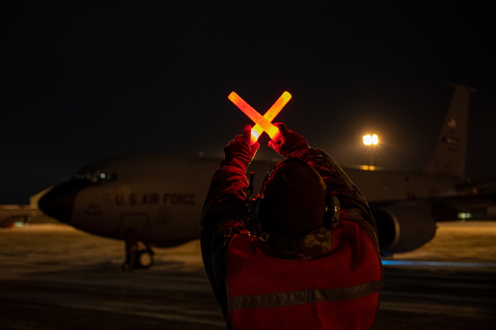 Marshalling KC-135 Stratotanker for takeoff