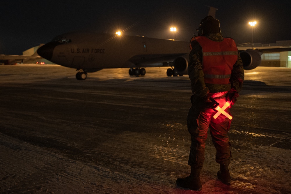 Marshalling KC-135 Stratotanker for takeoff