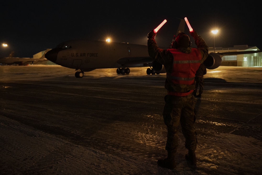 Marshalling KC-135 Stratotanker for takeoff