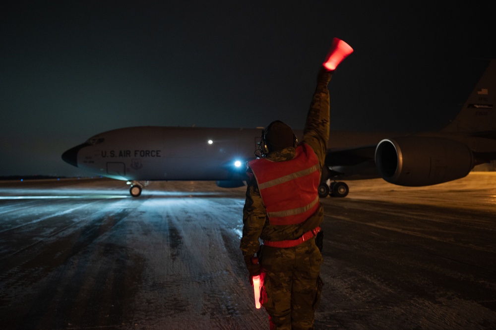 Marshalling KC-135 Stratotanker for takeoff