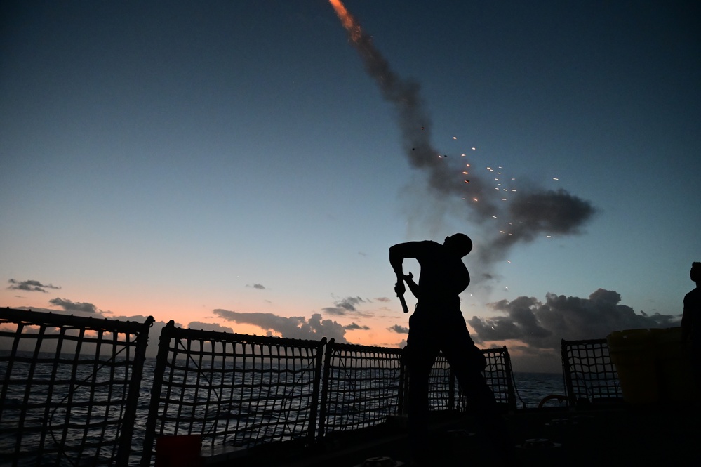 USCGC Spencer’s crew conducts pyrotechnics training at sea