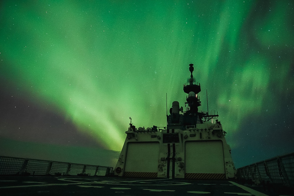 CGC Stratton (WMSL 752) see northern lights in Kotzebue Bay, Alaska