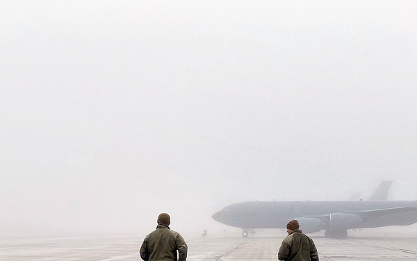 Airmen Conduct a FOD Walk on Selfridge Flight Line in the Fog