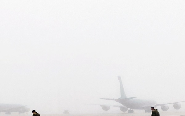 Airmen Conduct a FOD Walk on Selfridge Flight Line in the Fog
