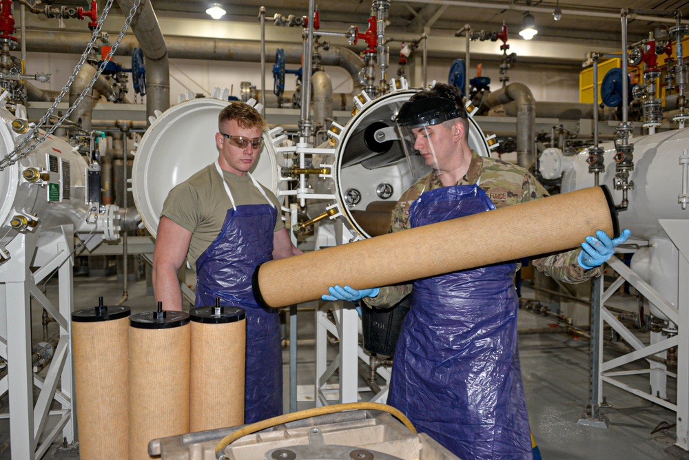 134th Air Refueling Wing Airmen change out fuel filter vessels.