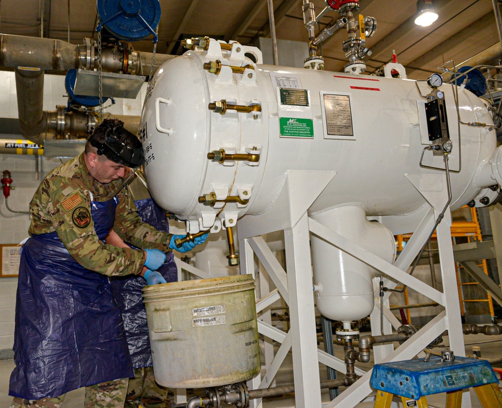 134th Air Refueling Wing Airmen change out fuel filter vessels.