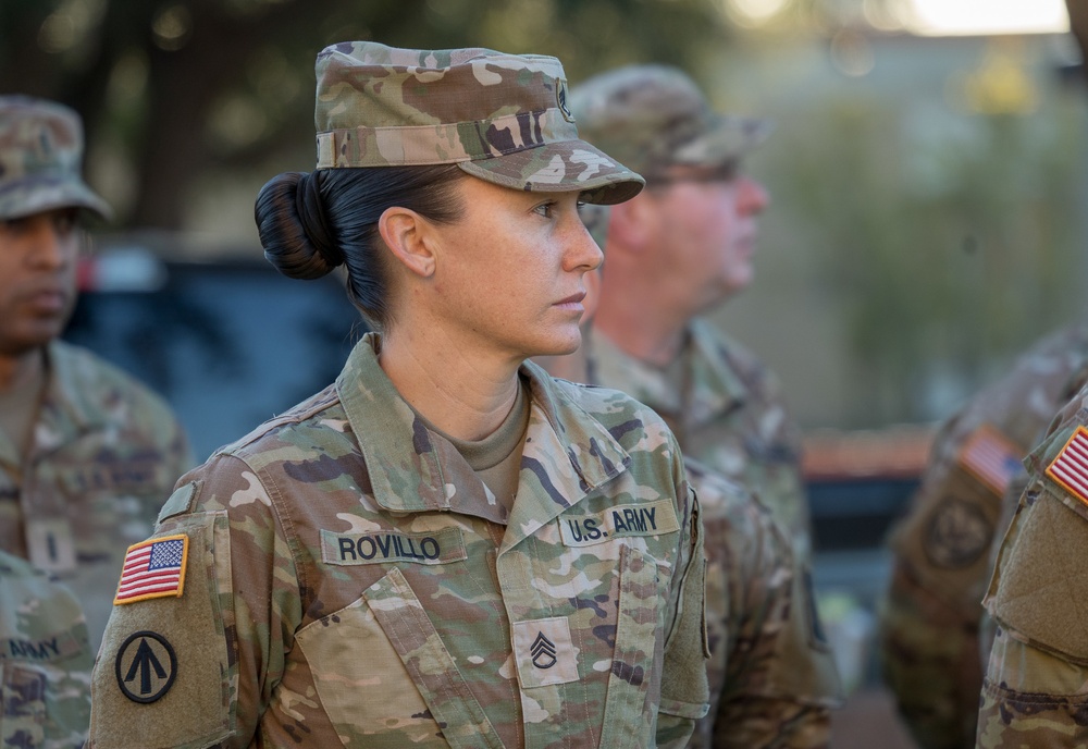 U.S. Army Reserve Soldiers report to the 143d Expeditionary Sustainment Command headquarters