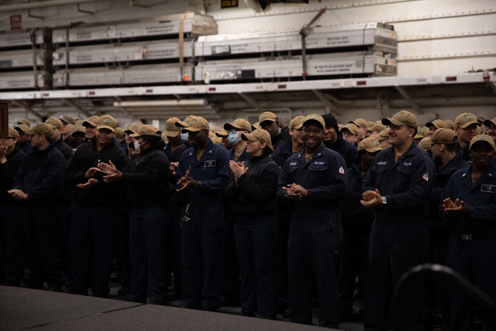 USS BATAAN HOLDS AN ALL HANDS CALL