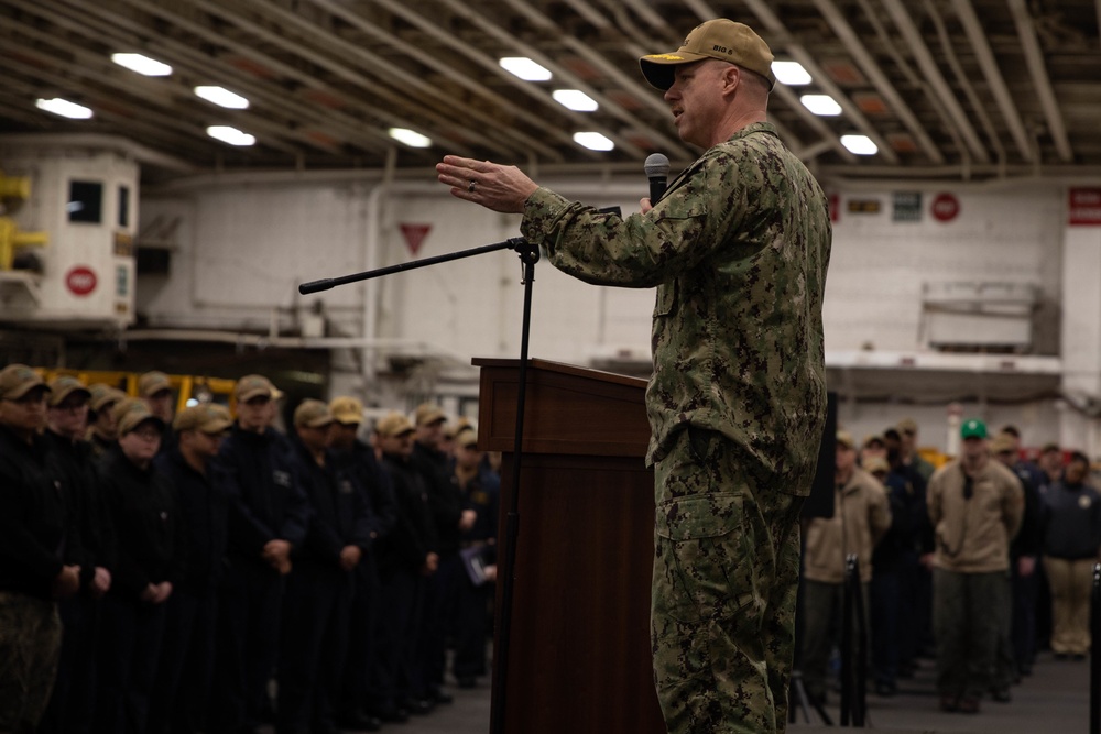 USS BATAAN HOLDS ALL HANDS CALL