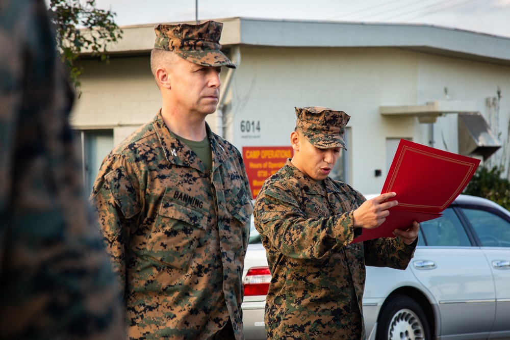Col. Banning Presents Certificates of Commendation to Marines with MCBB Headquarters and Support Battalion Camp Services on Camp Lester
