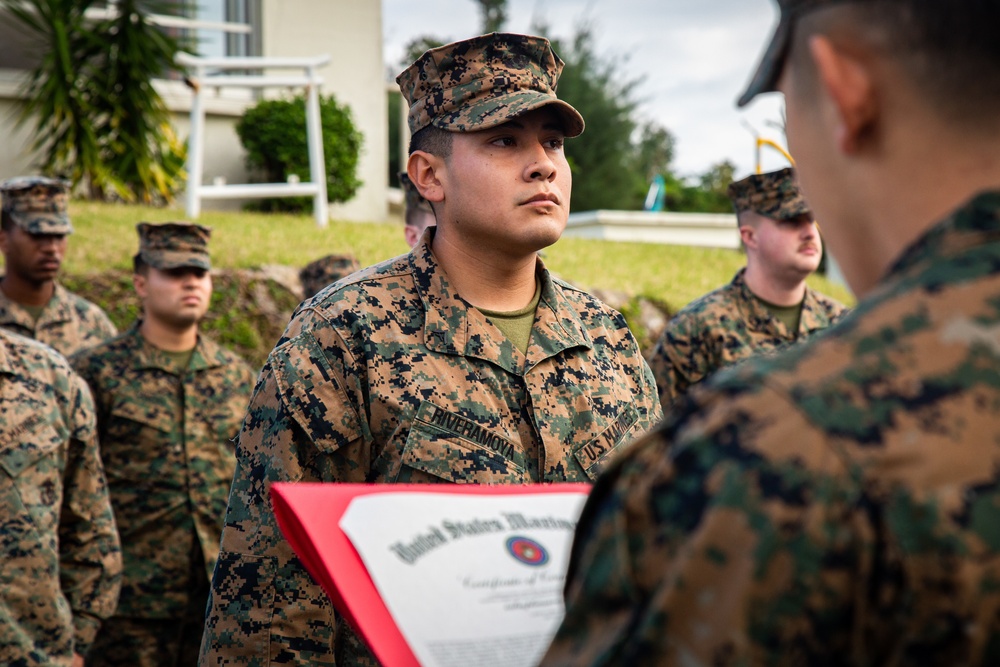 Col. Banning Presents Certificates of Commendation to Marines with MCBB Headquarters and Support Battalion Camp Services on Camp Lester