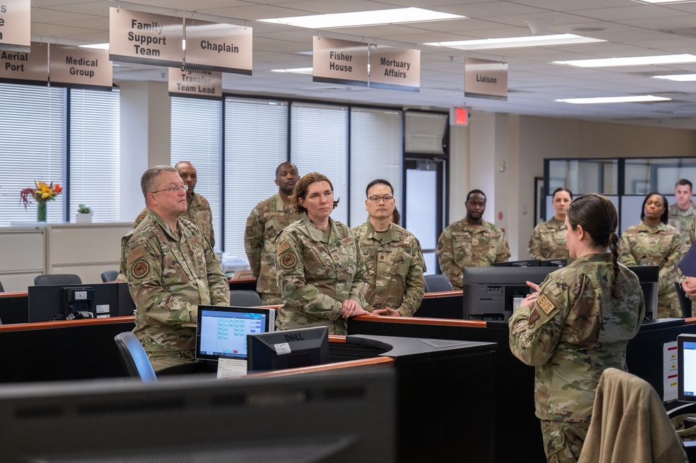 Chaplain (Maj. Gen.) Randall Kitchens and Chief Master Sgt. Sadie Chambers visit Air Force Mortuary Affairs Operations