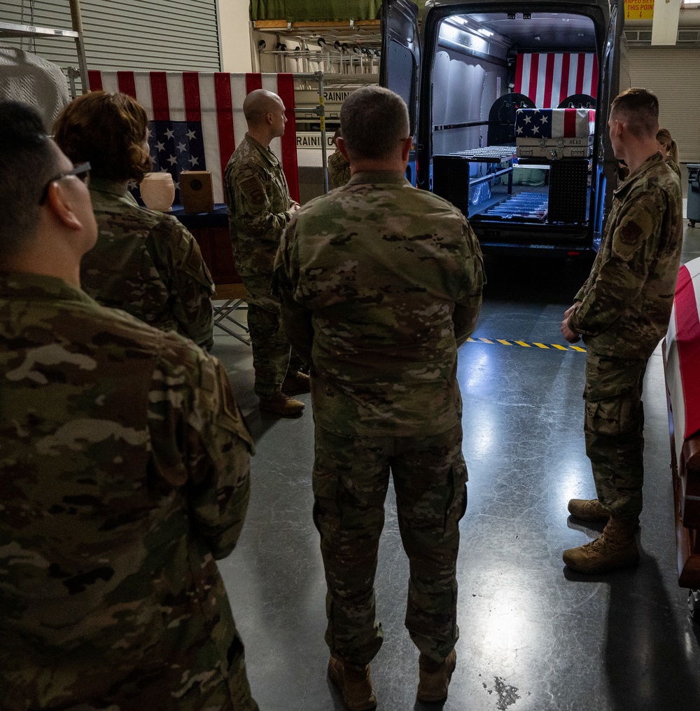 Chaplain (Maj. Gen.) Randall Kitchens and Chief Master Sgt. Sadie Chambers visit Air Force Mortuary Affairs Operations