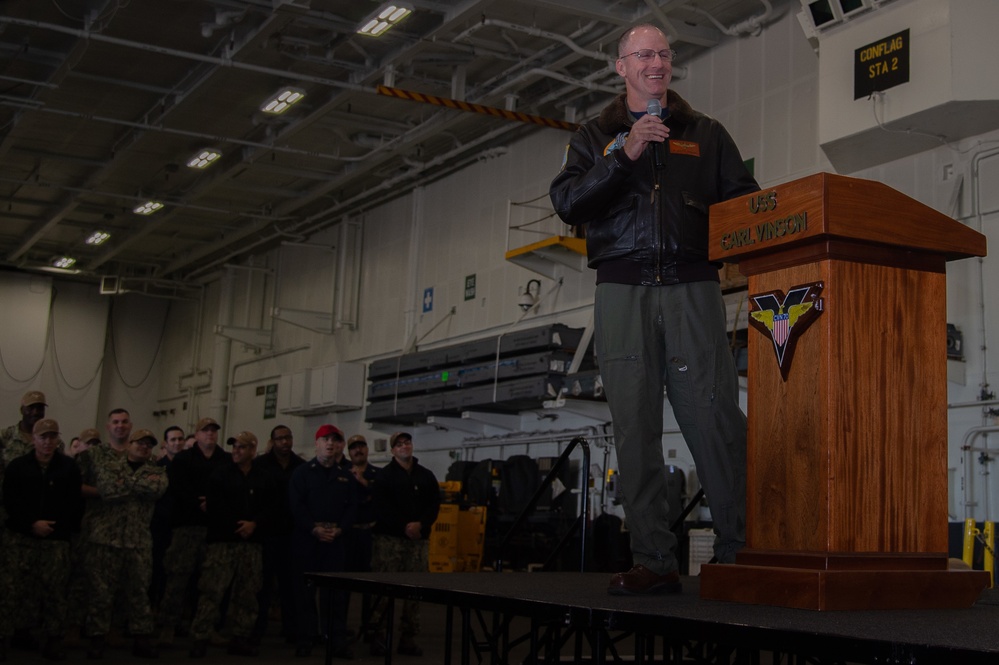 USS Carl Vinson (CVN 70) Conducts an All Hands Call