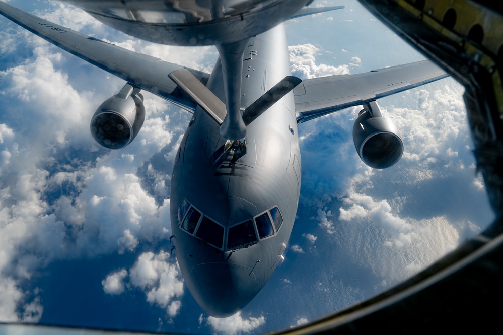 KC-135 Stratotanker refuels Kc-46A Pegasus during operational long endurance flight