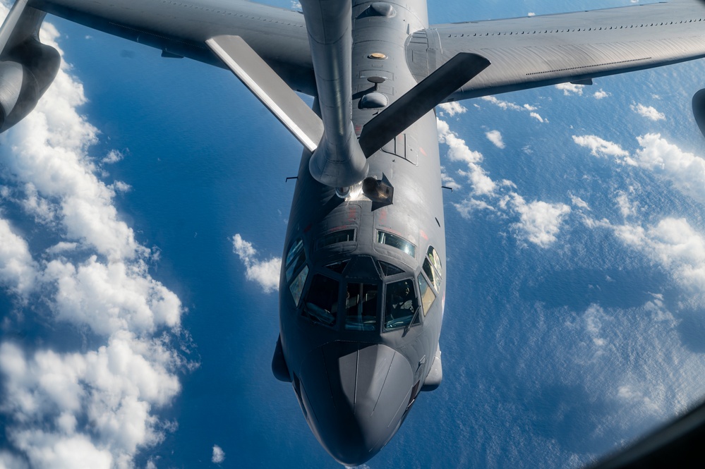 KC-135 Stratotanker refuels B-52 Stratofortess during Bomber Task Force mission