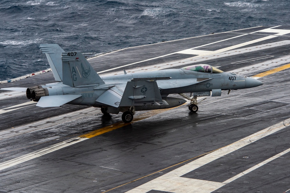 F/A-18 Super Hornet Aircraft Lands on Flight Deck