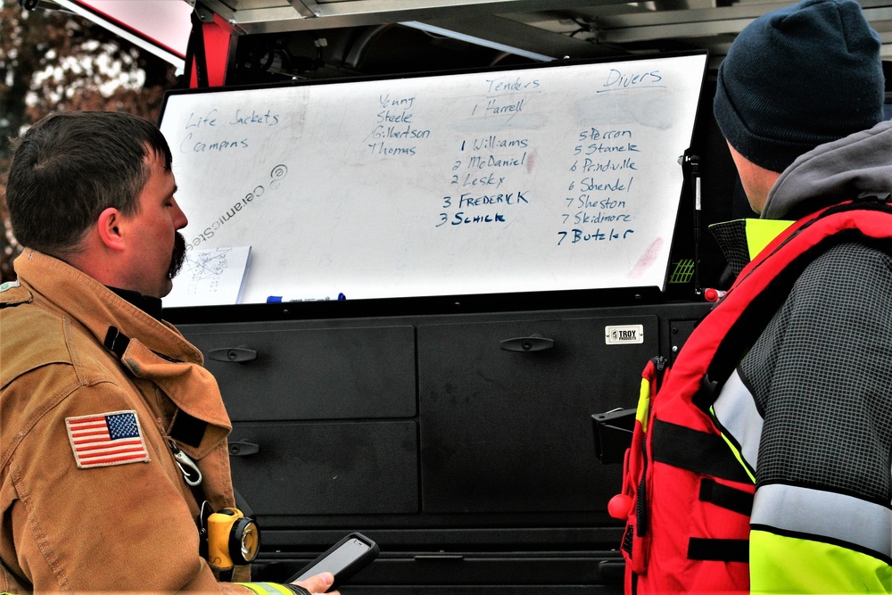 Fort McCoy Fire Department dive team conducts ice rescue training at frozen lake at Fort McCoy