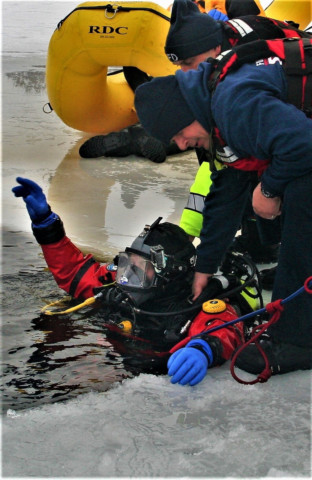 Fort McCoy Fire Department dive team conducts ice rescue training at frozen lake at Fort McCoy