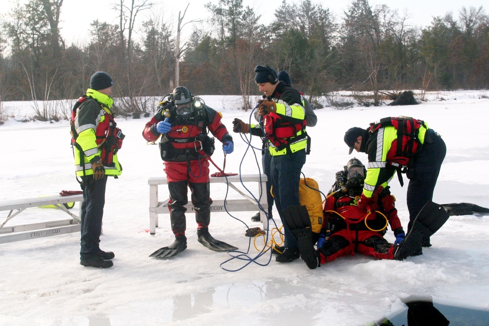 Fort McCoy Fire Department dive team conducts ice rescue training at frozen lake at Fort McCoy