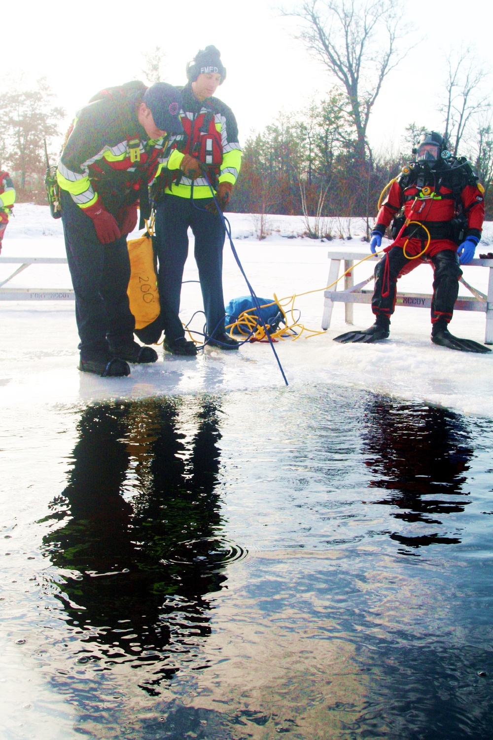 Fort McCoy Fire Department dive team conducts ice rescue training at frozen lake at Fort McCoy